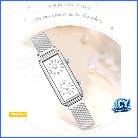 Vintage Rectangle Watch Dual Time Zone Waterproof Leather Strap Quartz Analog main image 5